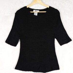 BICE Womens Ribbed Knit Short Sleeve Top Sweater Black Silk Rayon Size Large